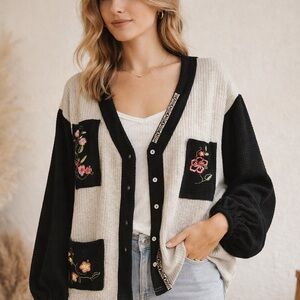 POL Women’s Medium Embroidered Floral Waffle Knit Cardigan Boho Patchwork